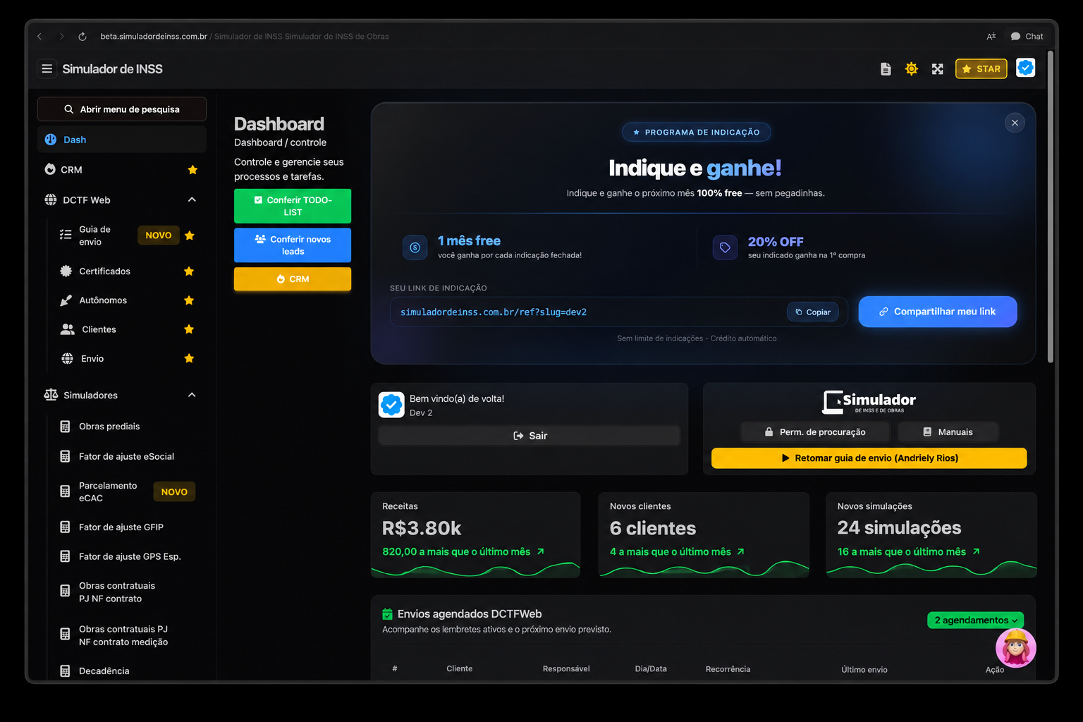 Dashboard real do Simulador de INSS de Obras com simuladores, CRM e DCTFWeb